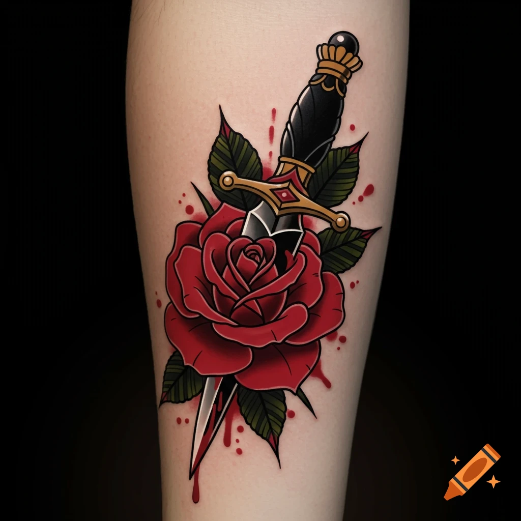 Traditional tattoo design of a black dagger piercing a red rose with green leaves on skin.