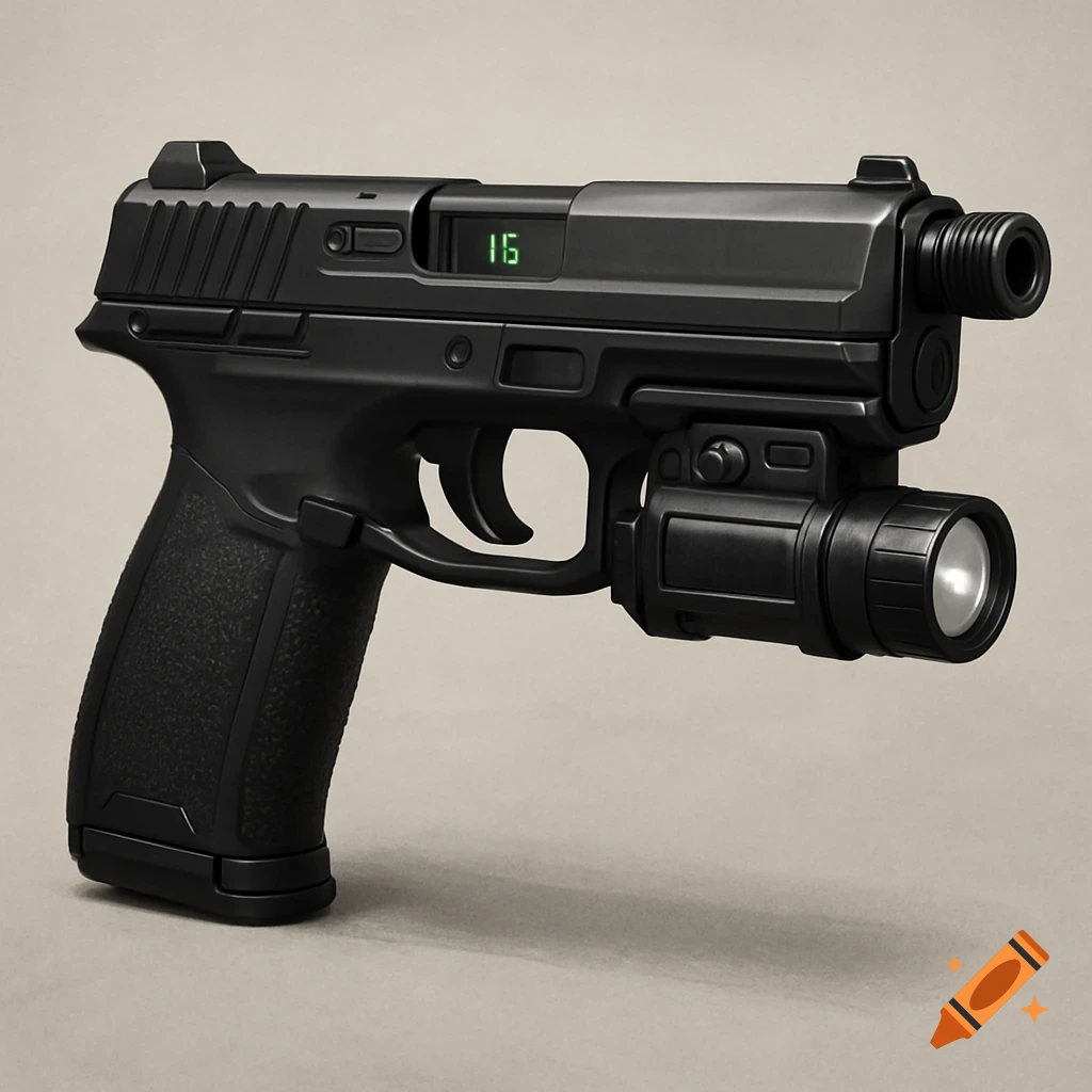 A sleek black futuristic semi-automatic pistol with a digital ammo counter showing '15' and a tactical flashlight.
