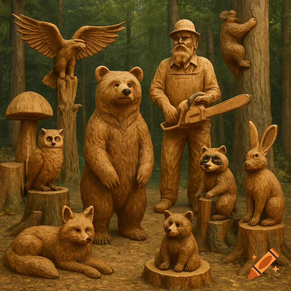 Chainsaw carvings of a man, bear, eagle, owl, fox, raccoon, rabbit, and bear cub in a forest.