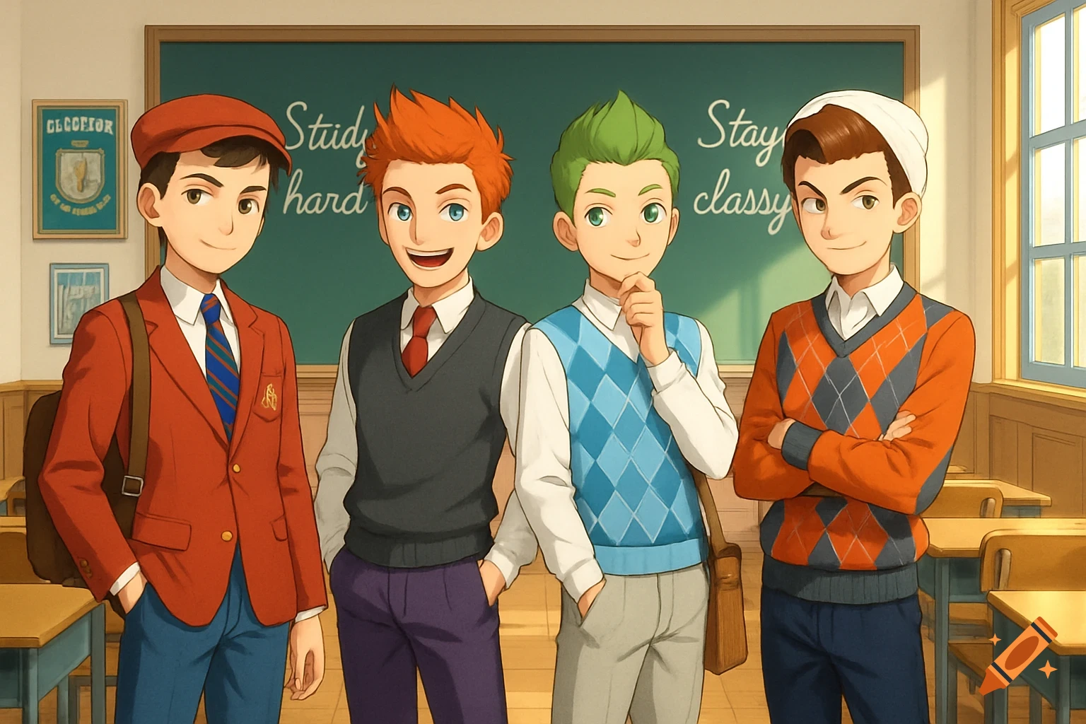 Four preppy teenage boys in anime style stand in a detailed classroom with a chalkboard behind them, which reads "Study hard" and "Stay classy".