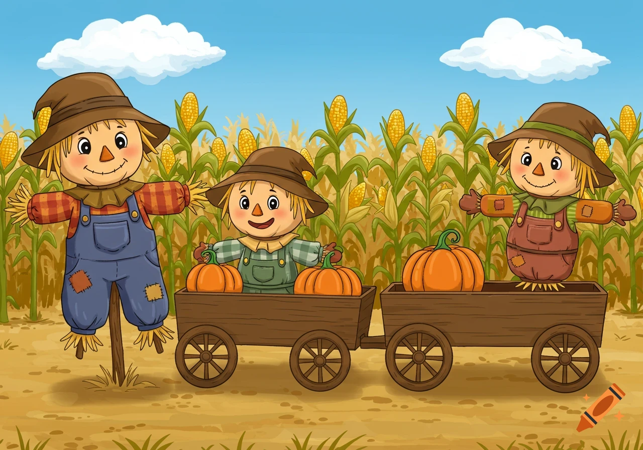 Cartoon scarecrows in a cornfield with pumpkins and a wagon under a blue sky.