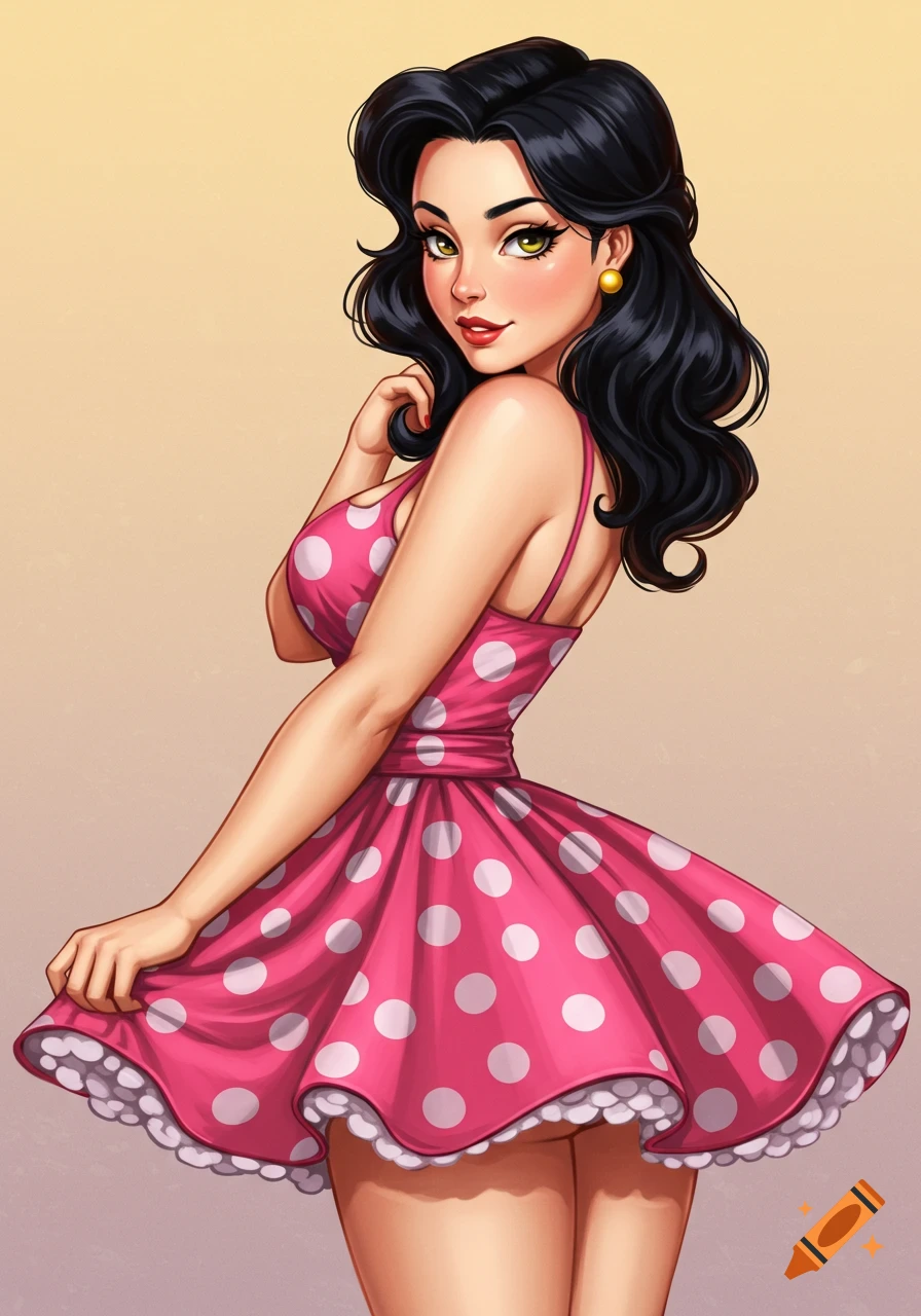 An anime-style pin-up woman with black hair and golden eyes, wearing a pink polka-dot dress.