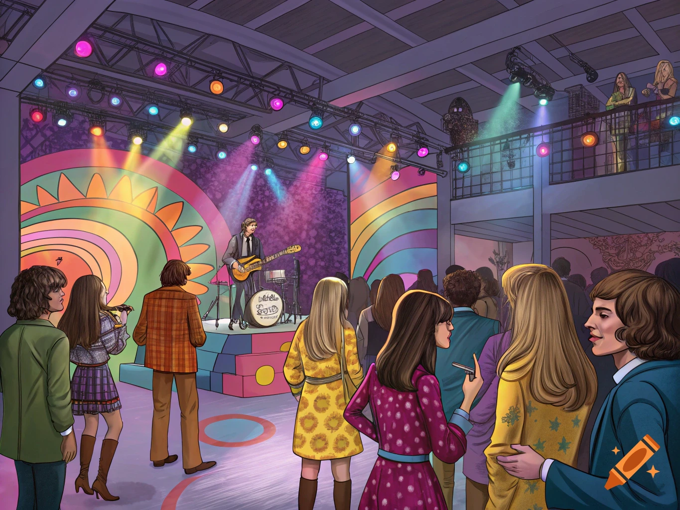 A cartoon-style illustration of a 1960s party with a live band performing on stage to a crowd.