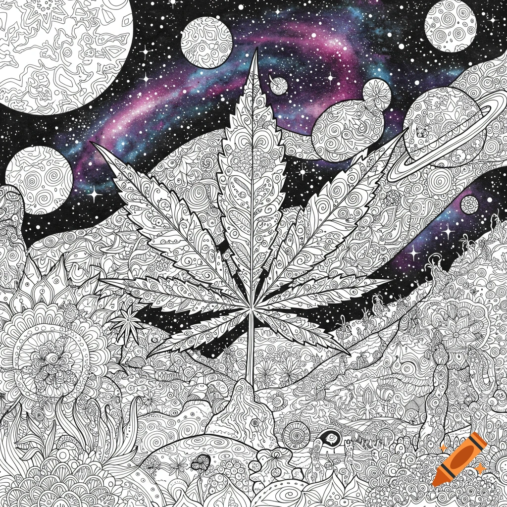 Detailed black and white cannabis leaf with a cosmic background of planets, stars, and a colorful galaxy, in a coloring page style.