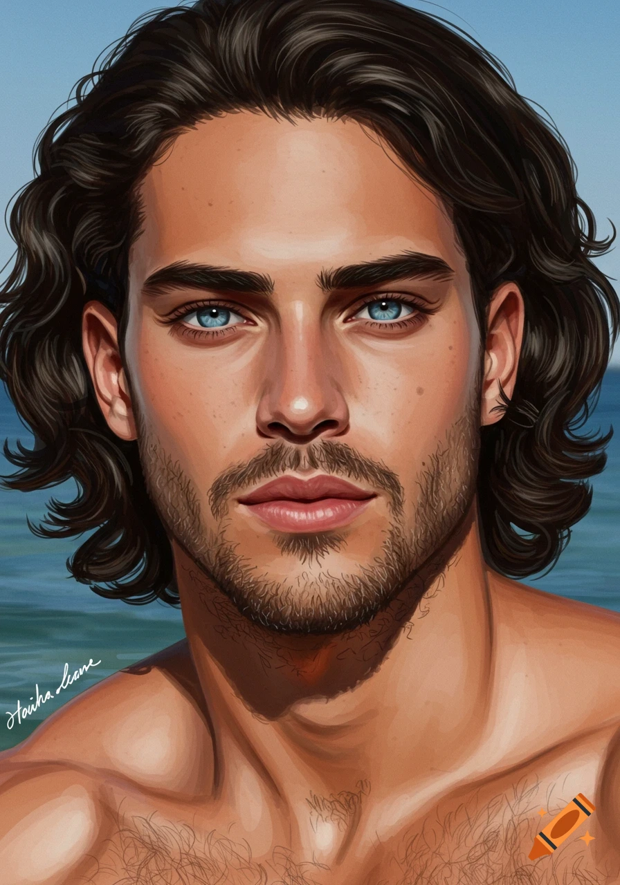 Digital painting of a handsome man with dark wavy hair, blue eyes, and stubble, with a blue ocean background.