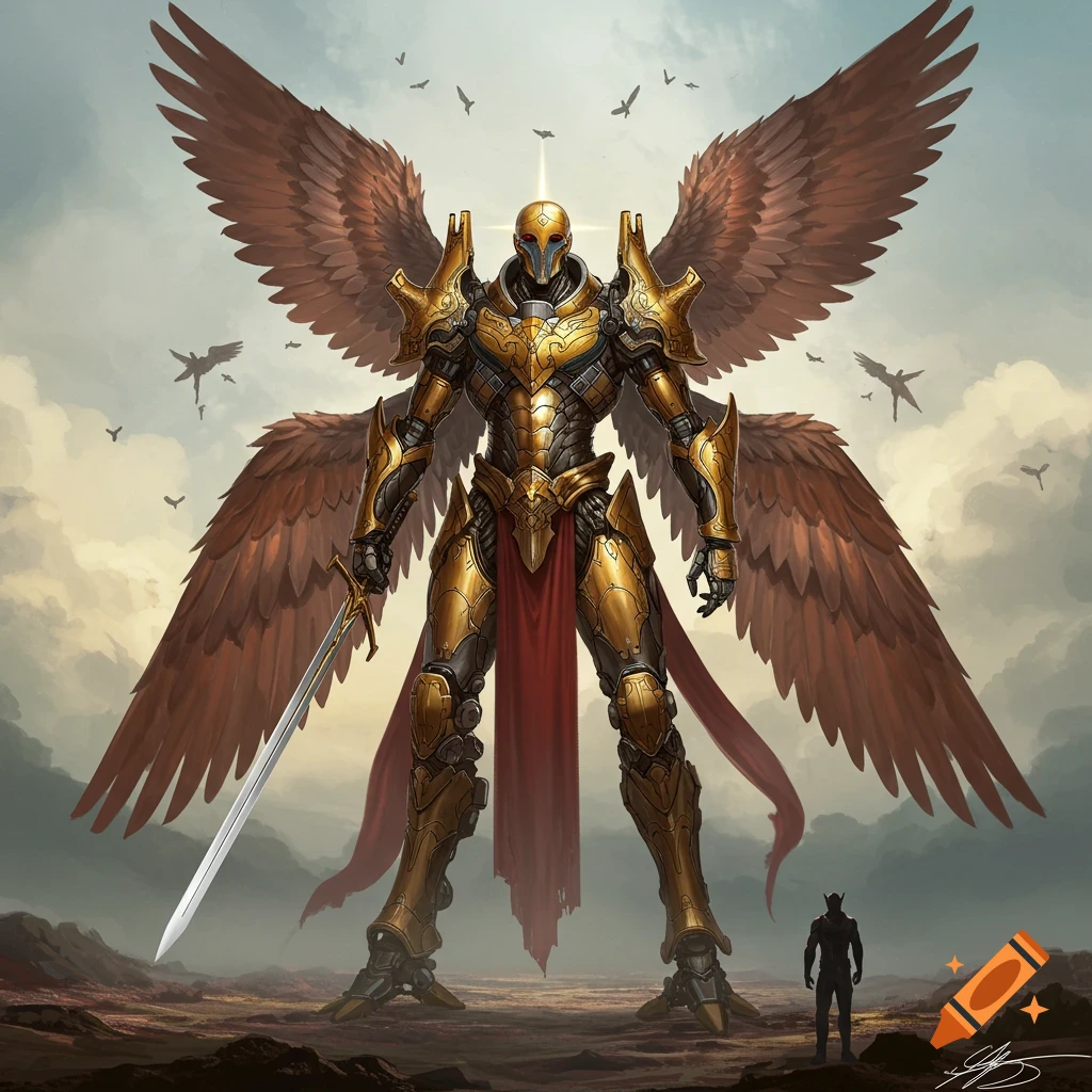 A colossal golden winged mech with a sword stands over a small figure in a barren landscape under a cloudy sky.