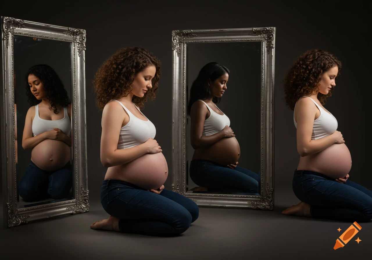 A pregnant woman with curly hair kneels, gazing down at her belly, with another pregnant woman's reflection in a mirror on the left and a third pregnant woman kneeling on the right.