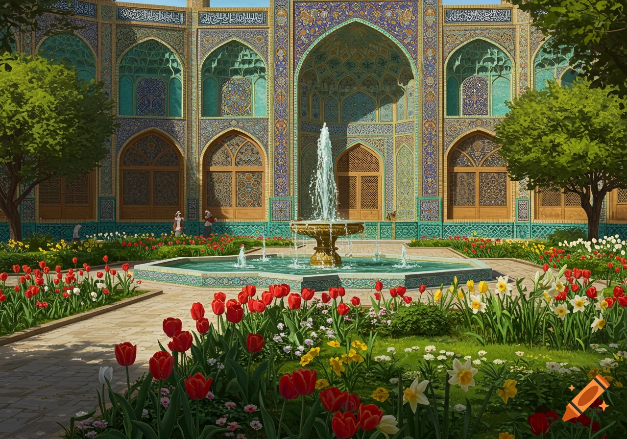 A vibrant ancient Persian garden with an ornate, blue-tiled building, a central fountain, and beds of red, yellow, and white flowers.
