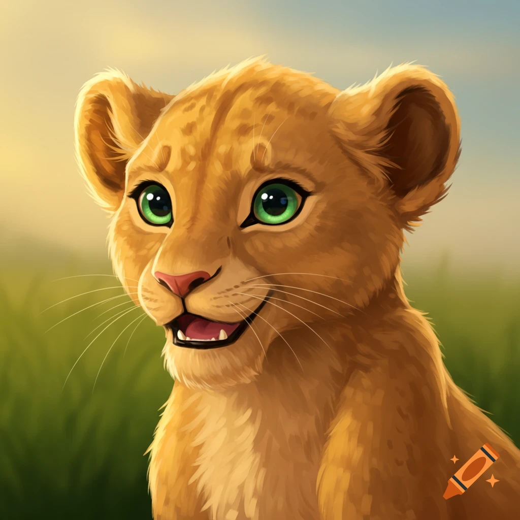 Close-up illustration of a cute baby lioness with bright green eyes looking to the side.