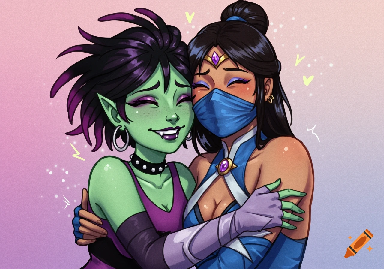 Two cartoon-style women, one with green skin and fangs, the other in a blue mask, happily hug each other on a pastel background.