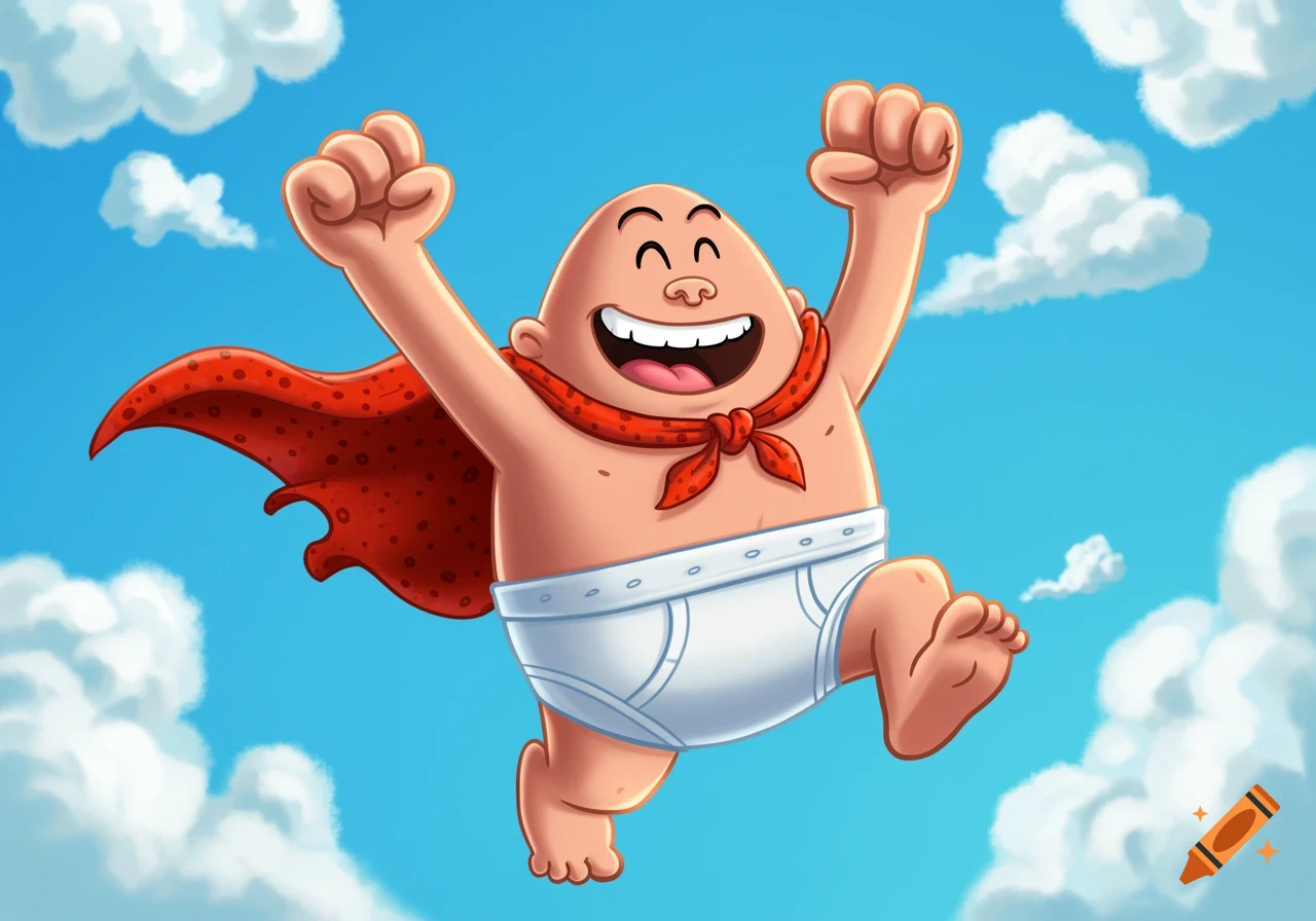 Captain Underpants, a bald man in a red cape and white briefs, flies through a blue sky with clouds, arms raised in triumph.