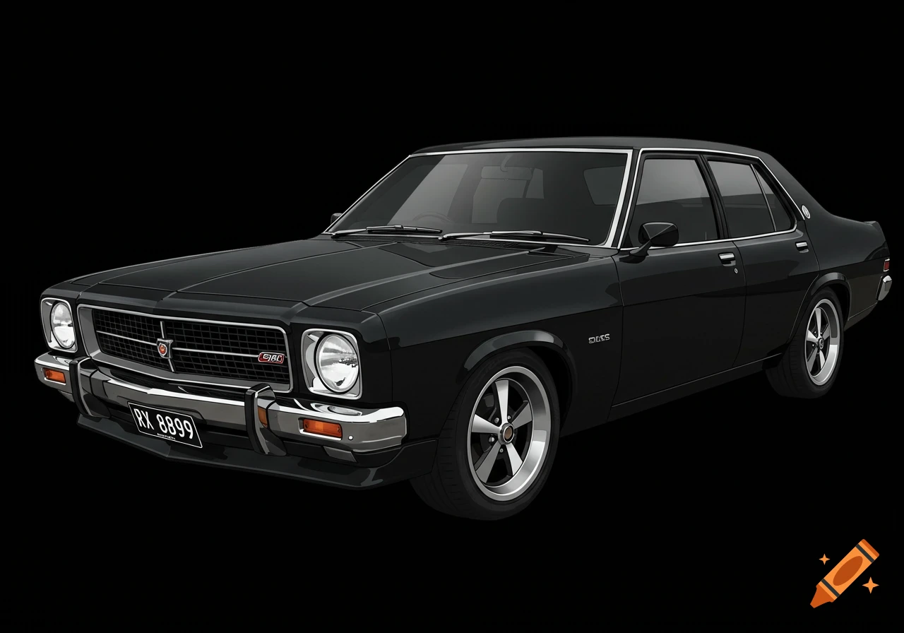 A glossy black 1975 Holden HJ Kingswood sedan with black tinted windows and silver GTS sprint wheels, on a black background.