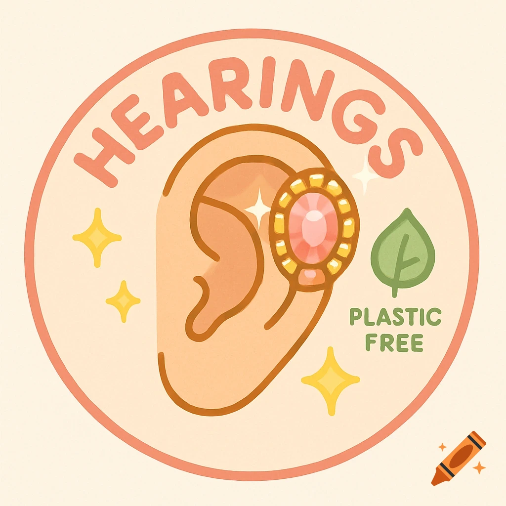 Playful circular logo with a stylized ear wearing a bedazzled earring and the text 'HEARINGS' and 'PLASTIC FREE' with a leaf icon.