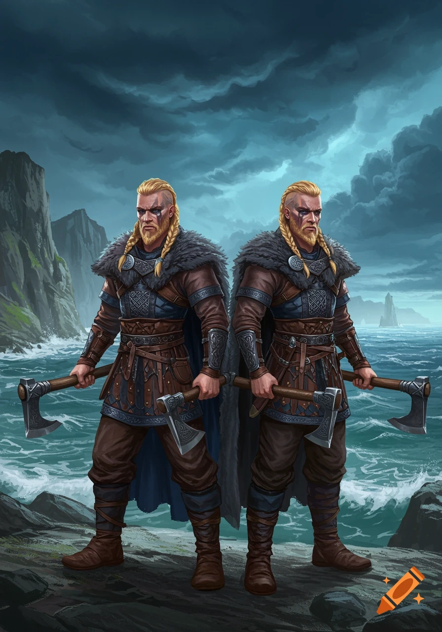 Two blonde male Vikings in fur and leather armor hold axes on a rocky coast with a stormy sea and sky.