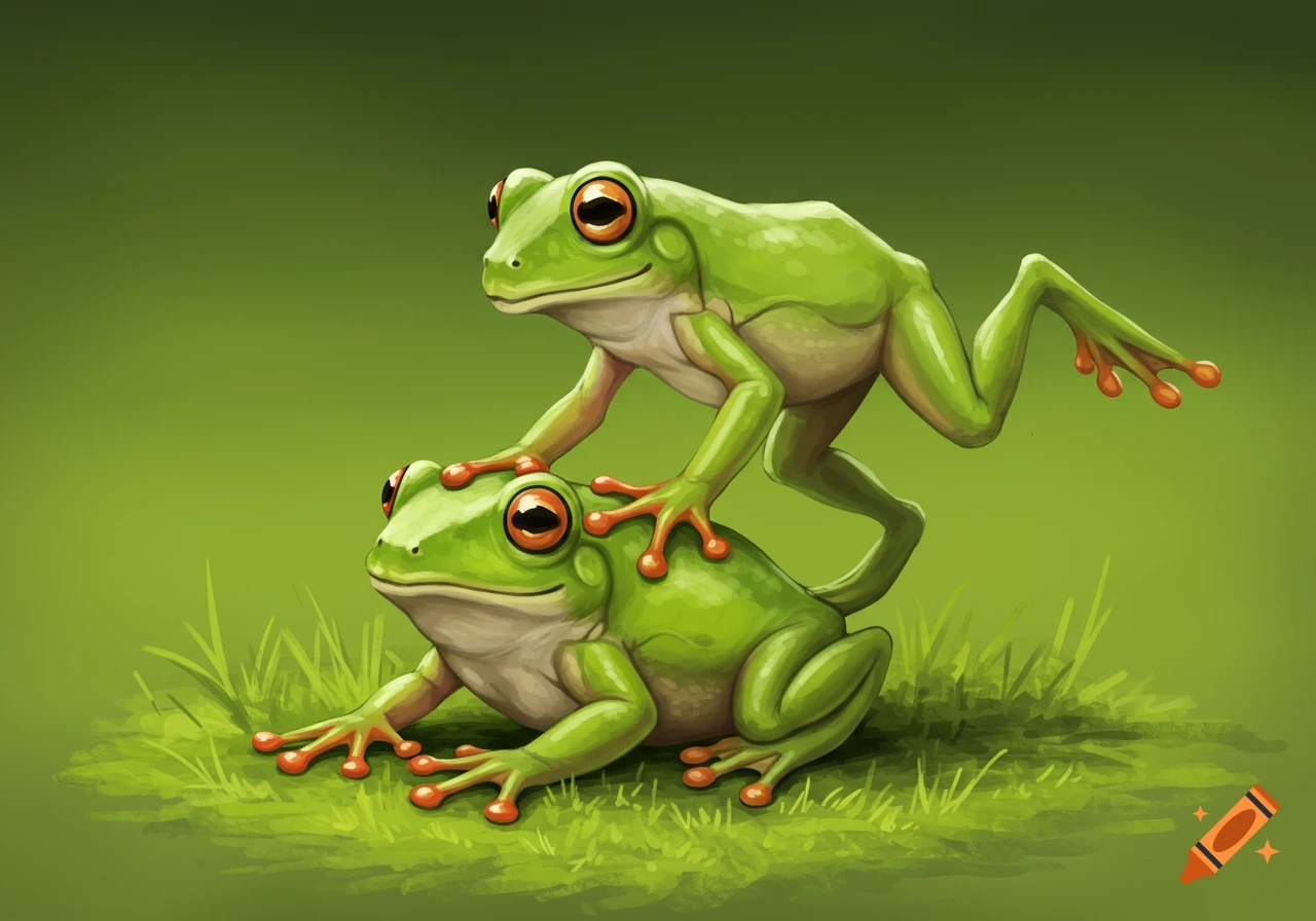 Two cartoon green frogs, one on top of the other, playing on a patch of grass.