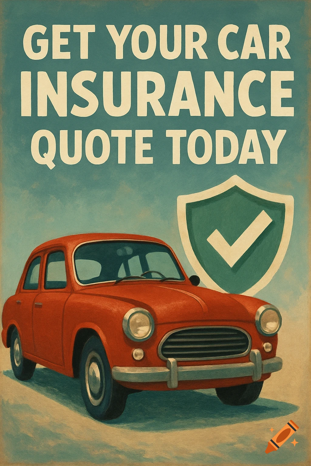A vintage style advertisement poster with a red car and a shield with a checkmark, reading 'GET YOUR CAR INSURANCE QUOTE TODAY'.