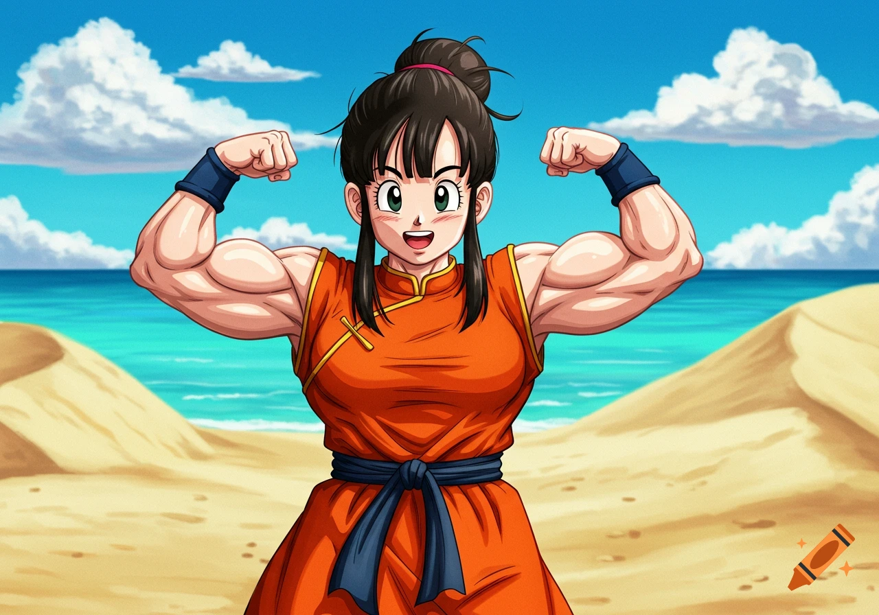 Anime style image of Chi-Chi from Dragon Ball Z flexing her muscular arms on a beach.