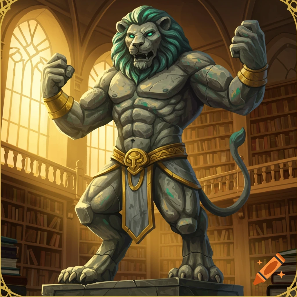 Muscular stone lion statue with green mane and glowing eyes, standing in a grand library.