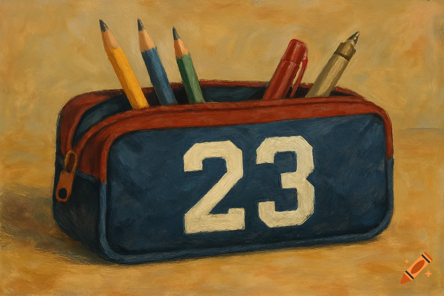 A blue pencil case with the number 23 on it, filled with colorful pencils and pens, rendered in a painterly style.