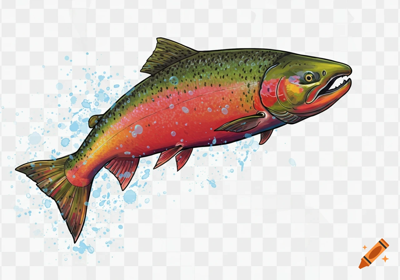 A vibrant, leaping salmon illustration with water splashes on a transparent background.