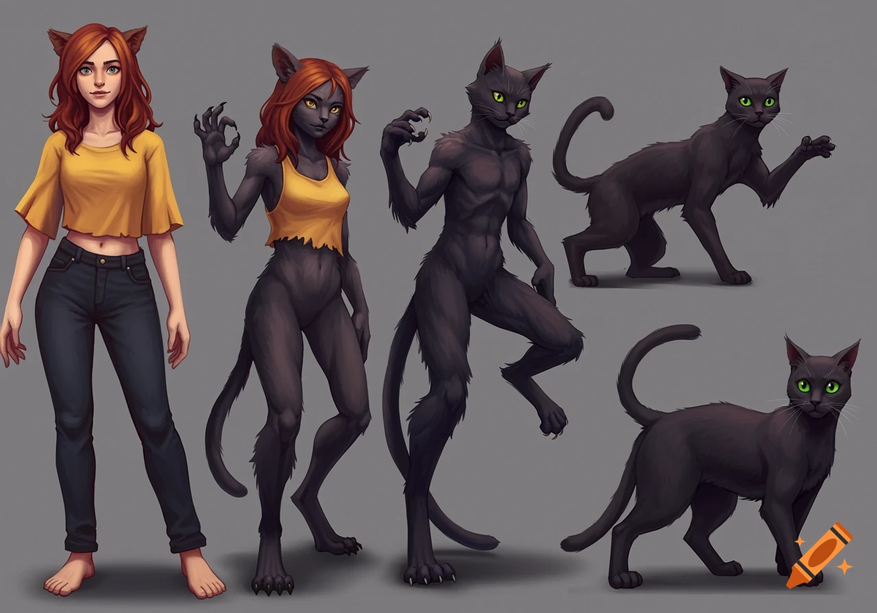 Five stages of a human transforming into a black cat, from a human form to feline hybrids and a quadrupedal cat.