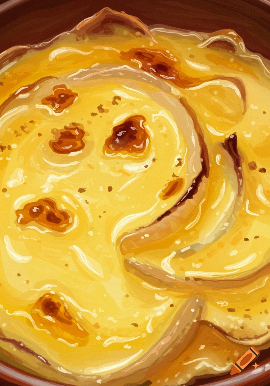 Close-up, top-down view of a golden-yellow baked dish, possibly a cheese and onion gratin, with browned, bubbling spots on the surface in a painterly style.
