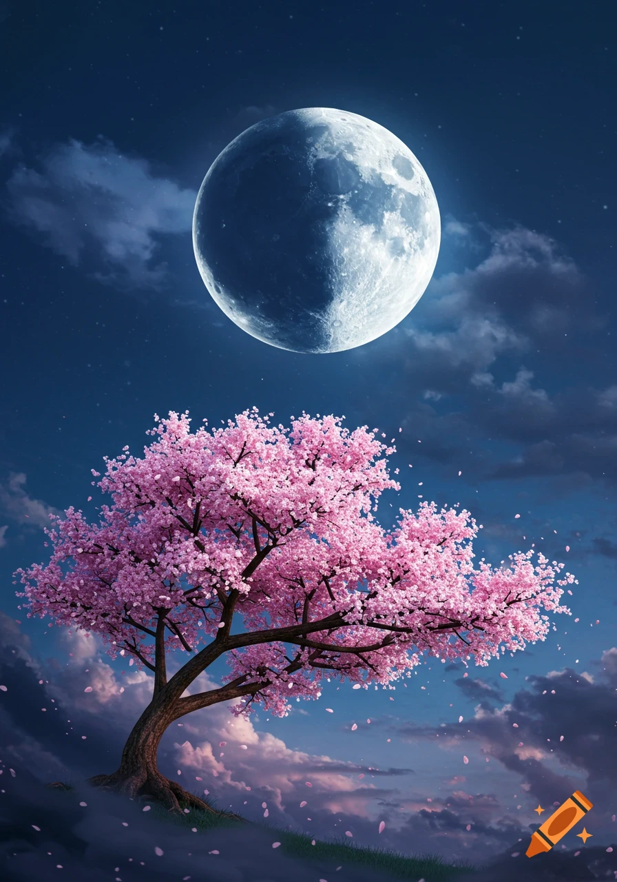 A vibrant pink cherry blossom tree stands on a hill under a large, glowing full moon in a dark, starry night sky.