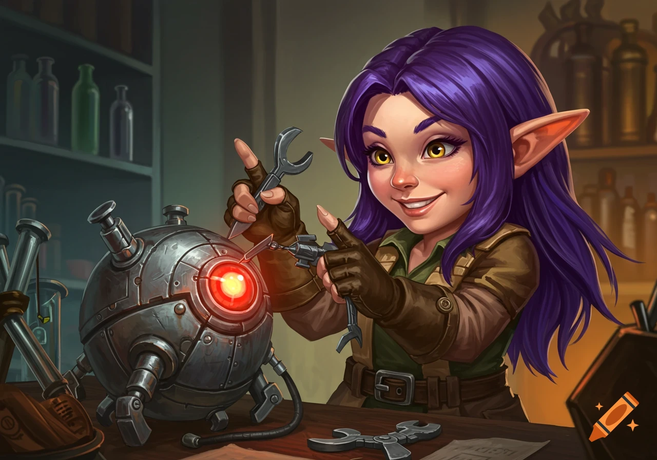 A cartoon fantasy image of a purple-haired gnome with amber eyes fixing a glowing mechanical orb in a workshop.