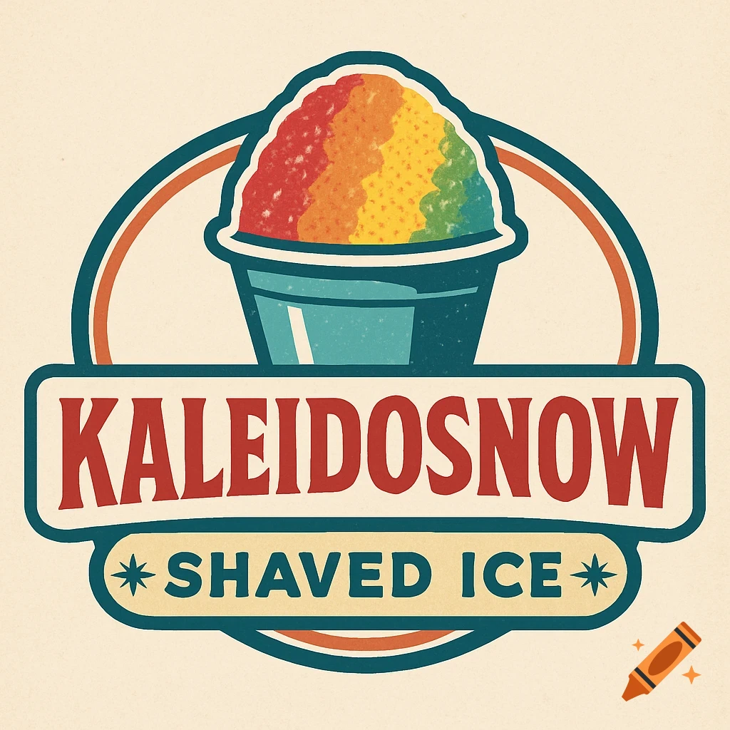 A retro-style logo for 'KaleidoSnow Shaved Ice' featuring a colorful rainbow shaved ice in a blue cup.