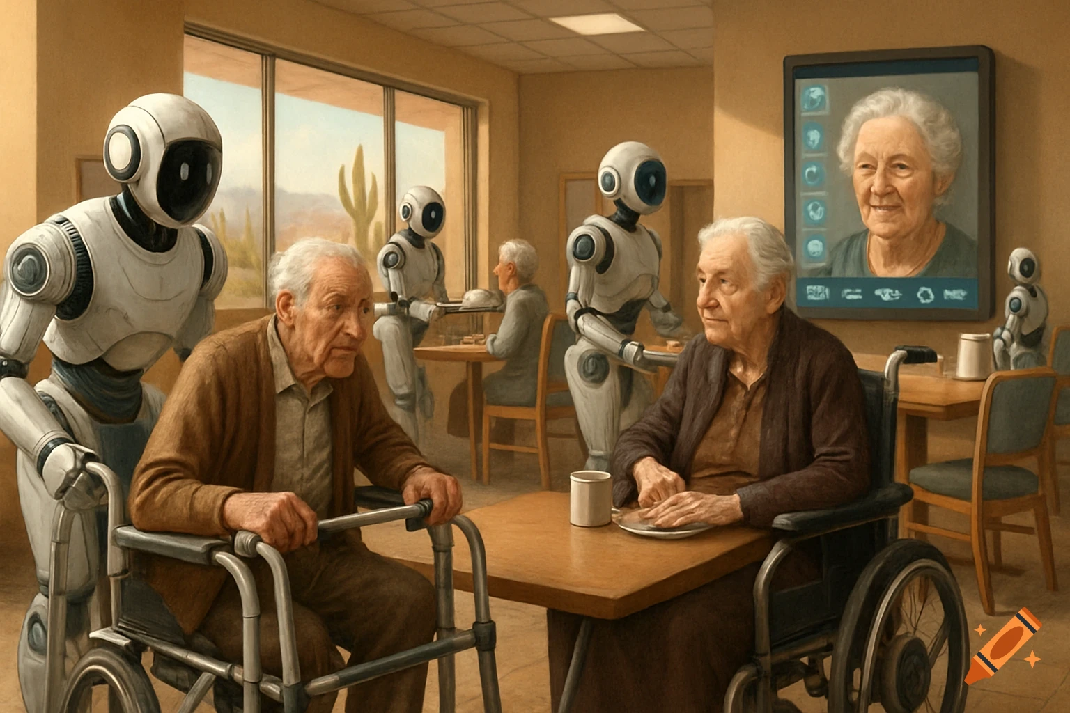 Robots assist elderly residents in a futuristic assisted living dining room, with a man in a robotic walker and a woman in a wheelchair.