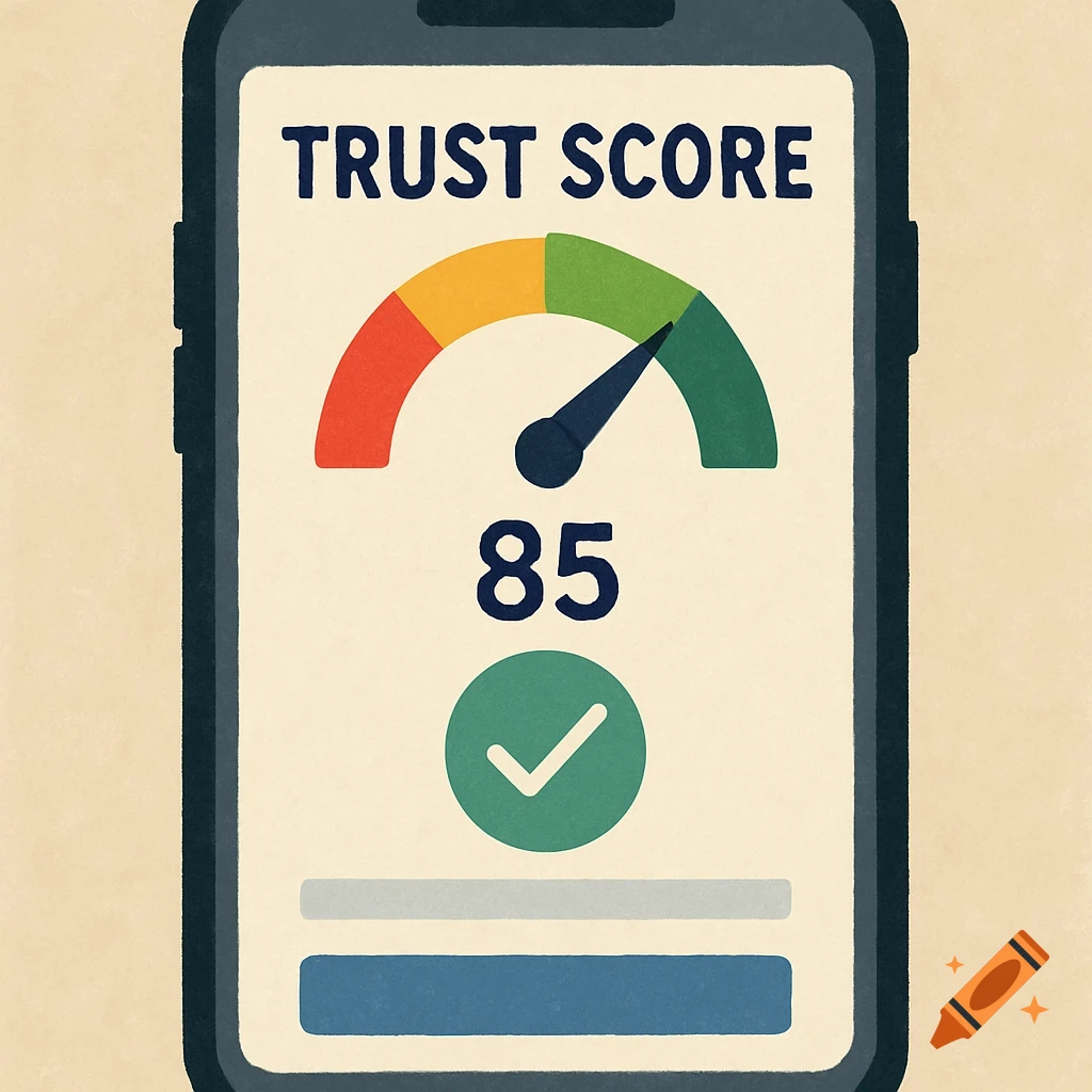 A smartphone screen displaying a trust score of 85 on a meter with green, yellow, and red sections, and a green checkmark.