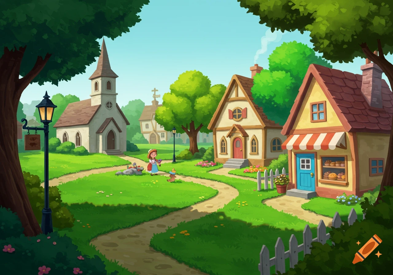 A colorful cartoon illustration of a peaceful village green with a church, houses, and a small child walking on a path.