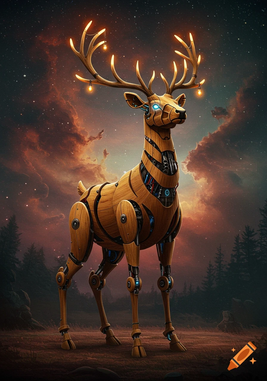 A detailed robotic wooden deer with glowing eyes and illuminated antlers stands in a forest under a starry, cloudy sky.