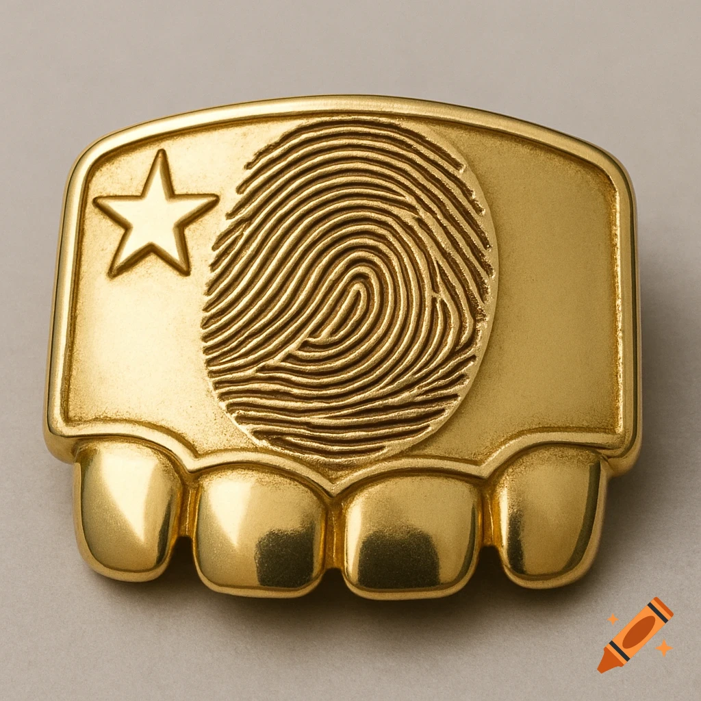 A close-up, high-quality photo of a golden dental grill featuring a prominent fingerprint design, a star, and four tooth-like shapes.