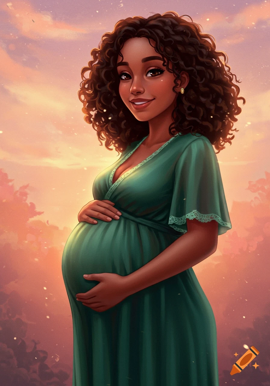 A cartoon-style portrait of a smiling pregnant woman with curly hair in a green dress, holding her belly against a sunset sky.