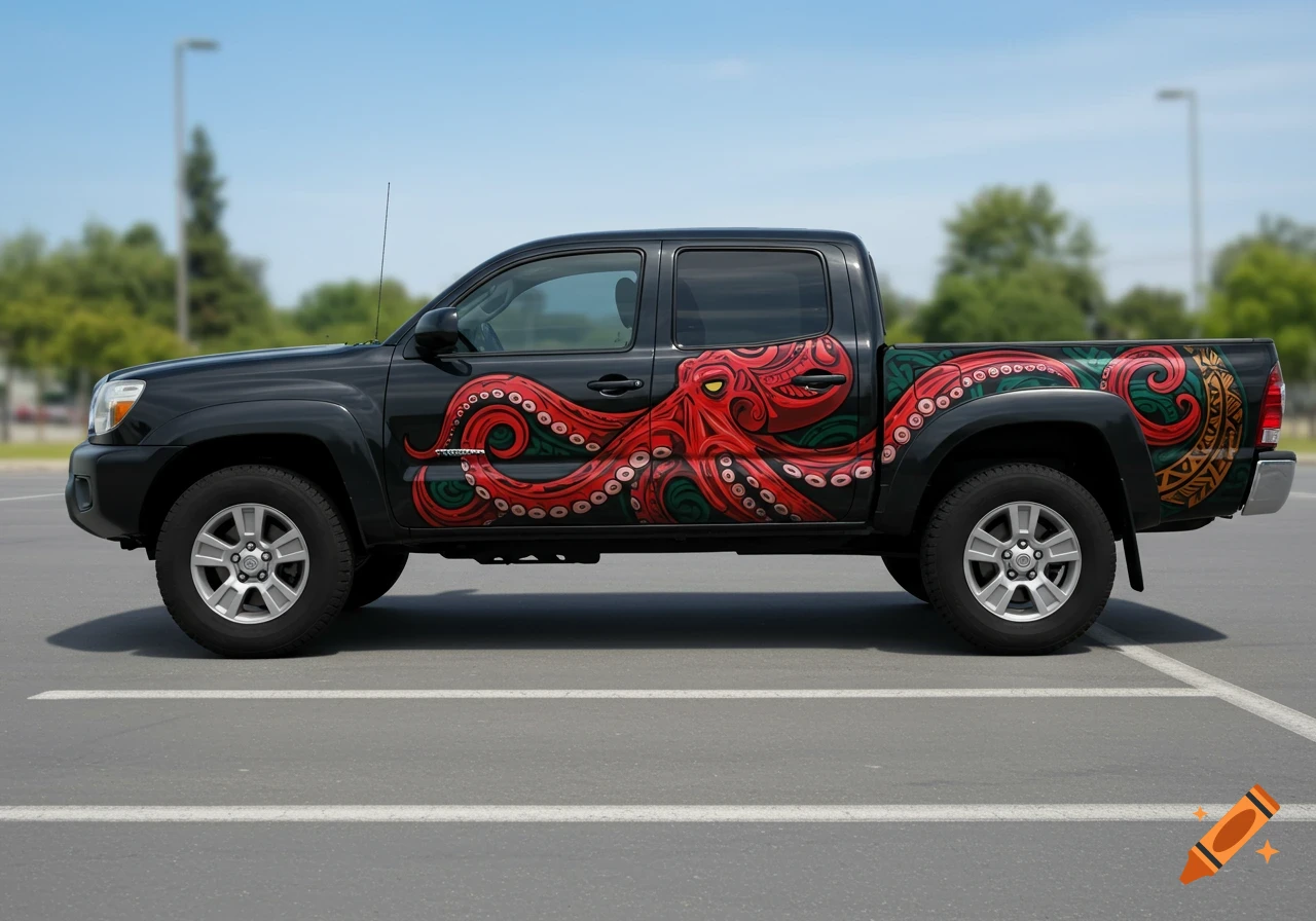 A black Toyota Tacoma pickup truck with a vibrant red and green Polynesian tribal octopus design covering its side.
