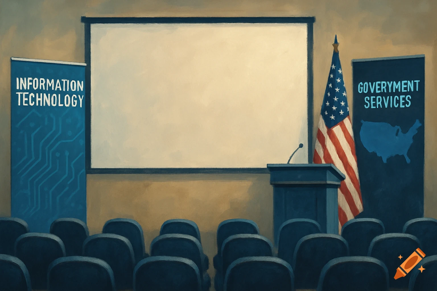 An empty conference room setup with a projection screen, podium, American flag, and banners for Information Technology and Government Services.