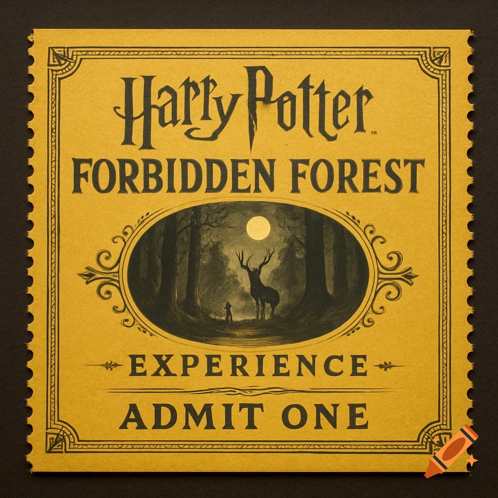 A golden ticket for the Harry Potter Forbidden Forest Experience, featuring a stag and small figure in a dark forest under a full moon.