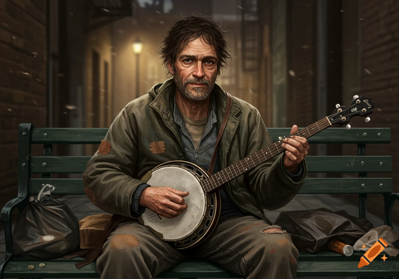 A disheveled man with a beard sits on a park bench, playing a banjo in a dimly lit urban alley.