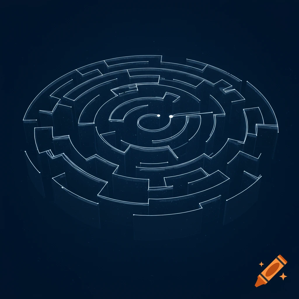 A top-down view of a circular maze with glowing white lines on a dark blue background, featuring a path and two small white dots.