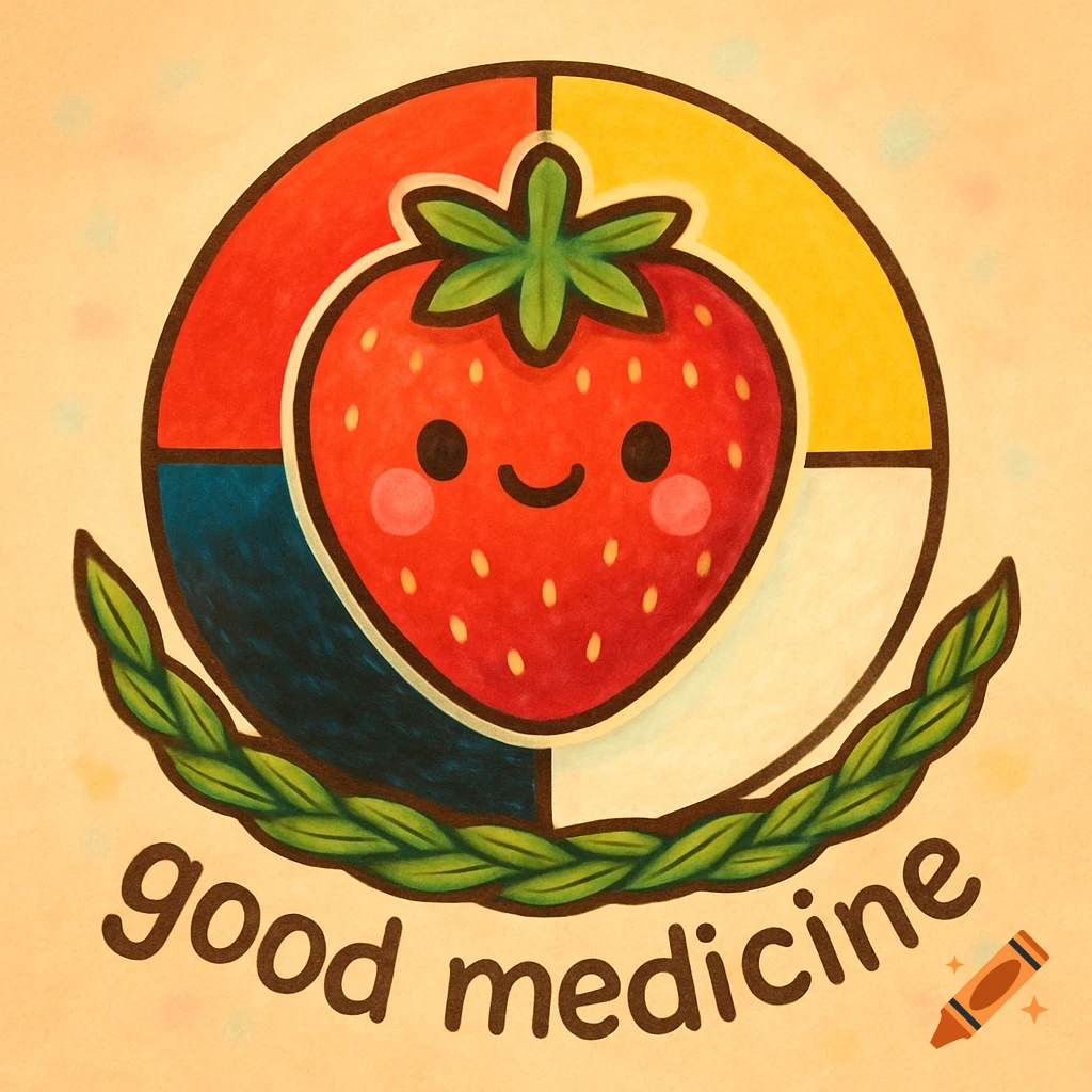 A cute cartoon strawberry smiling, centered in an Indigenous medicine wheel, with a sweetgrass braid and 'good medicine' text.