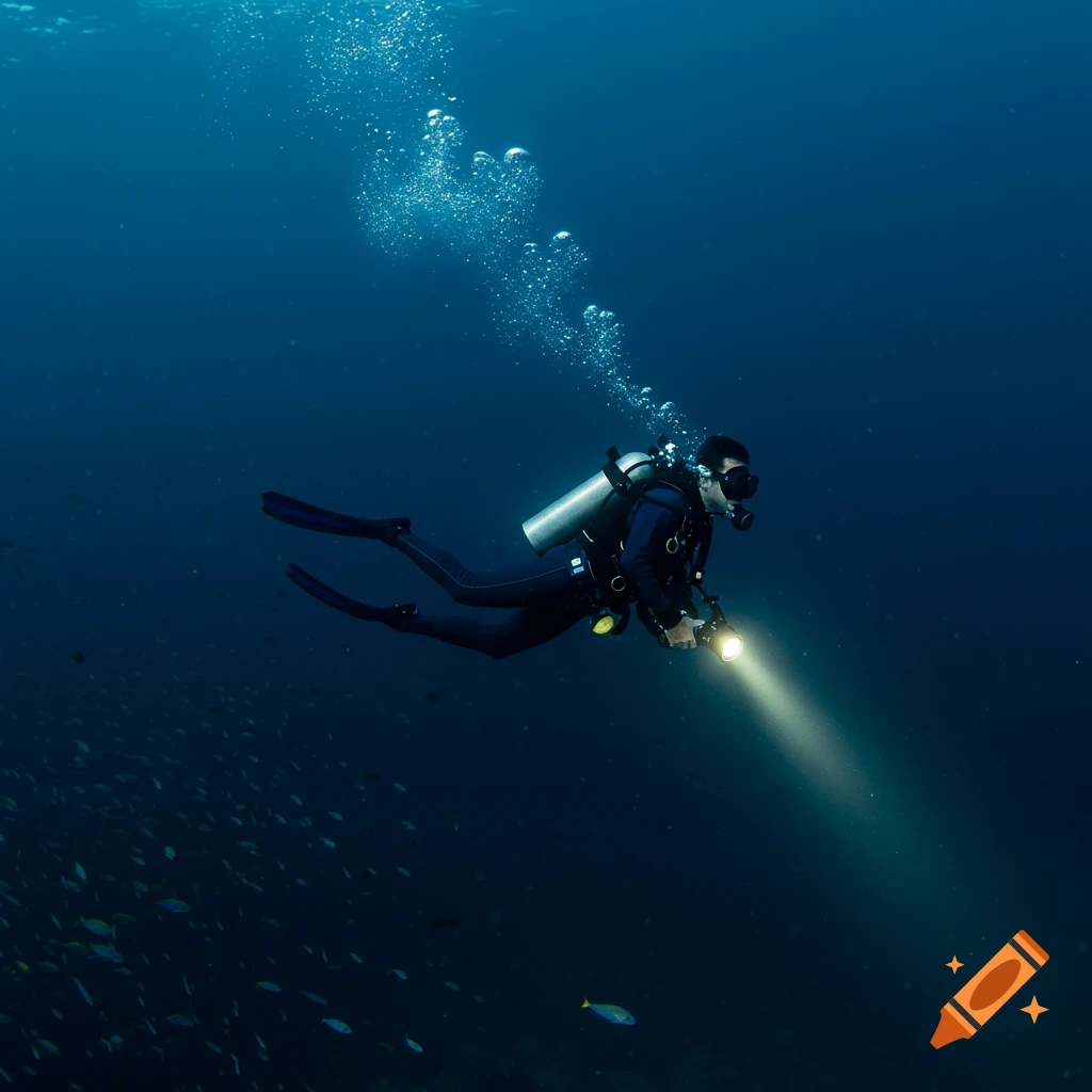 A photorealistic image of a scuba diver exploring the deep blue ocean with a flashlight, swimming past a school of fish.