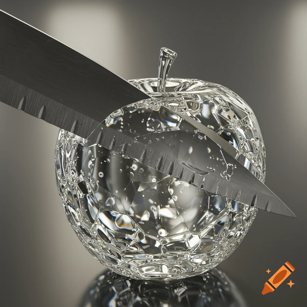A close-up, hyper-realistic depiction of a silver knife slicing through a crystalline glass apple, reflecting light against a studio-lit background.