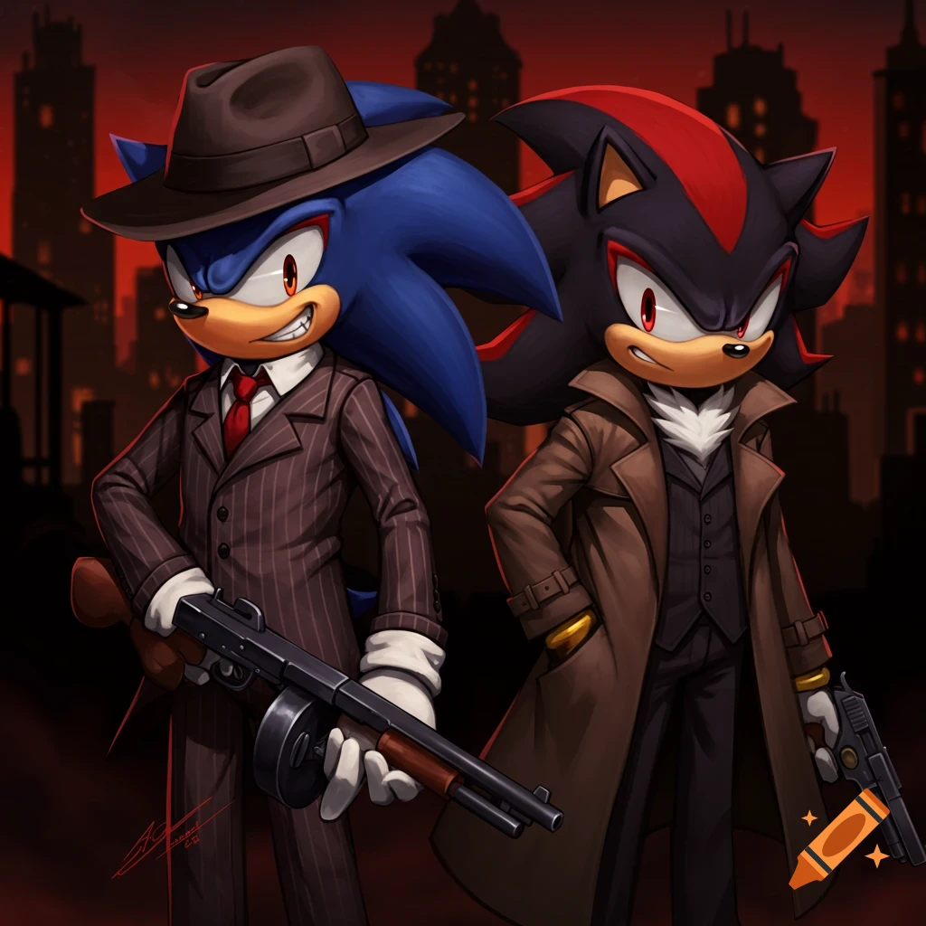 Sonic and Shadow the Hedgehog dressed as gangsters, holding a tommy gun and a pistol, against a dark city background.