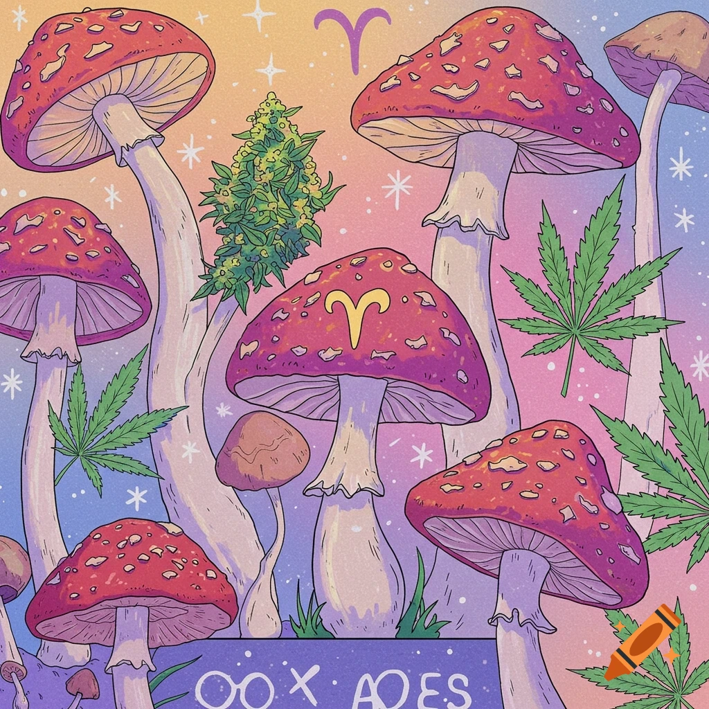 An aesthetic cartoon illustration of psychedelic mushrooms with red caps and an Aries zodiac sign, surrounded by green cannabis leaves, set against a pastel gradient background with sparkling stars.