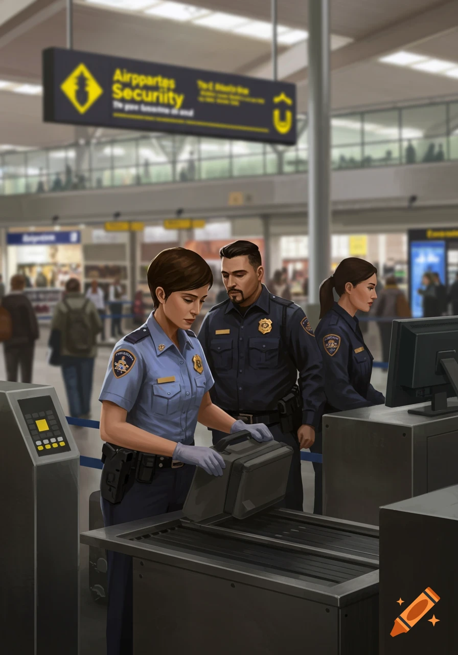 Illustration of airport security personnel, with a female officer inspecting a bag on a conveyor belt in an airport terminal.