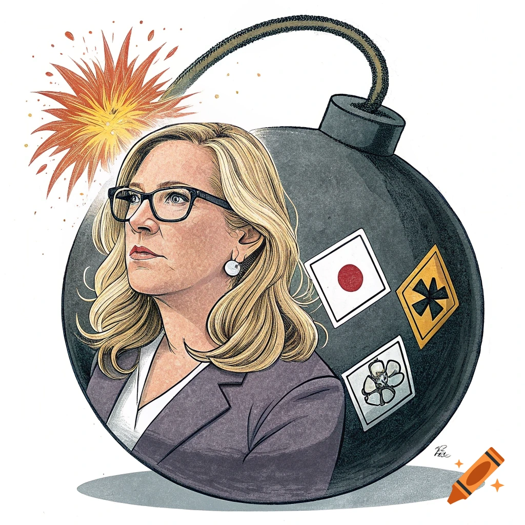 Caricature of a blonde woman wearing glasses, depicted as part of a lit bomb with symbols, in an illustrative style.