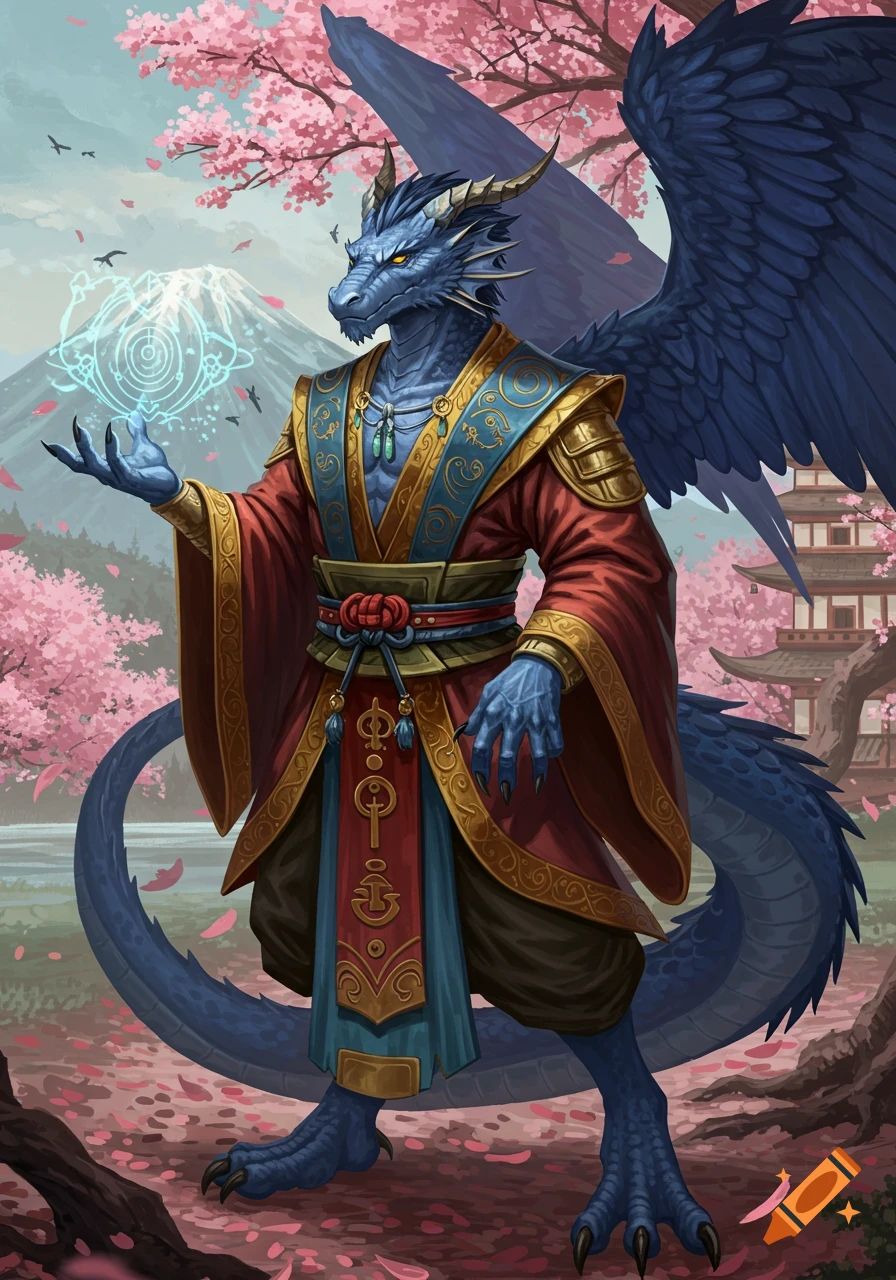 A blue half-dragon sorcerer in a red kimono holds a glowing blue orb amidst cherry blossoms, with Mount Fuji and a pagoda in the background.