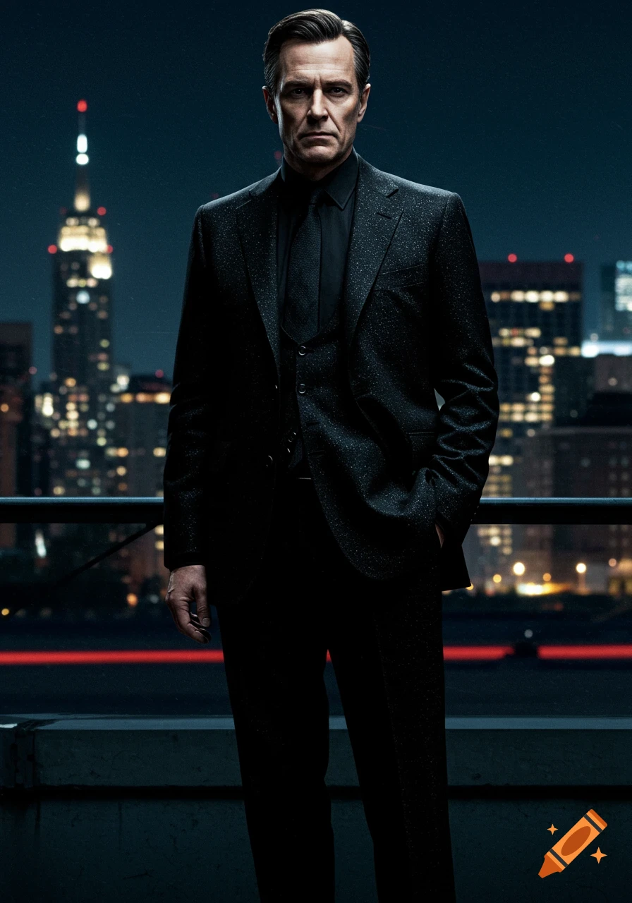 A man in a black suit stands on a rooftop at night with a blurred city ...