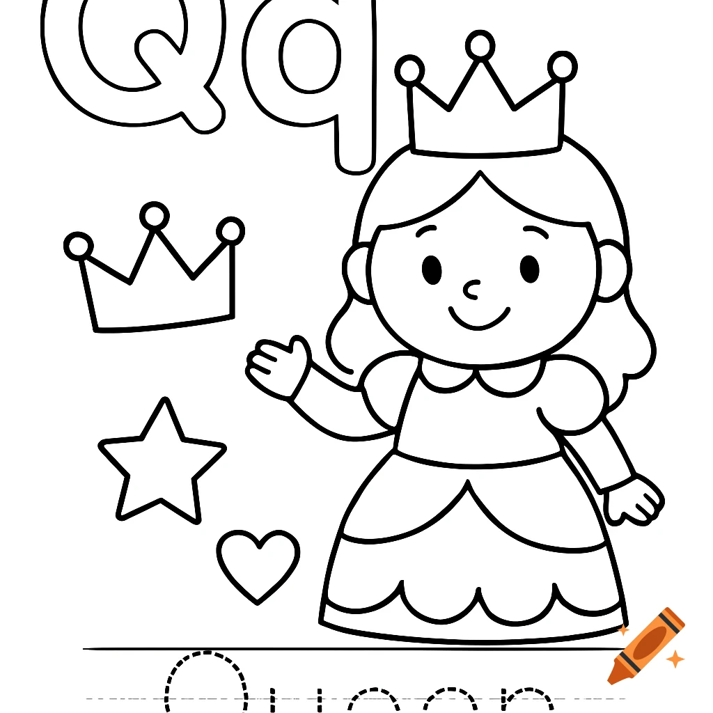 A black and white coloring page for toddlers featuring a cartoon queen in a crown and dress, large uppercase and lowercase Q, and dotted traceable letters spelling Queen, with a star and heart.